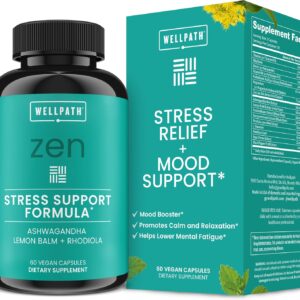 WellPath Zen Stress Relief Supplement + Mood Support | Calm, Stress & Energy Support | Ashwagandha Root, Rhodiola Rosea, L-Theanine, Lemon Balm | Herbal Capsules, 60 Ct