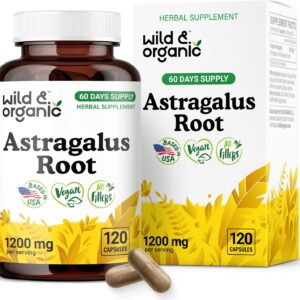 Wild & Organic Astragalus Capsules 1200 mg - Immune Support - Astragalus Root Supplement - 60 Days of Supply - Vegan, No Fillers, Non-GMO - 120 Count