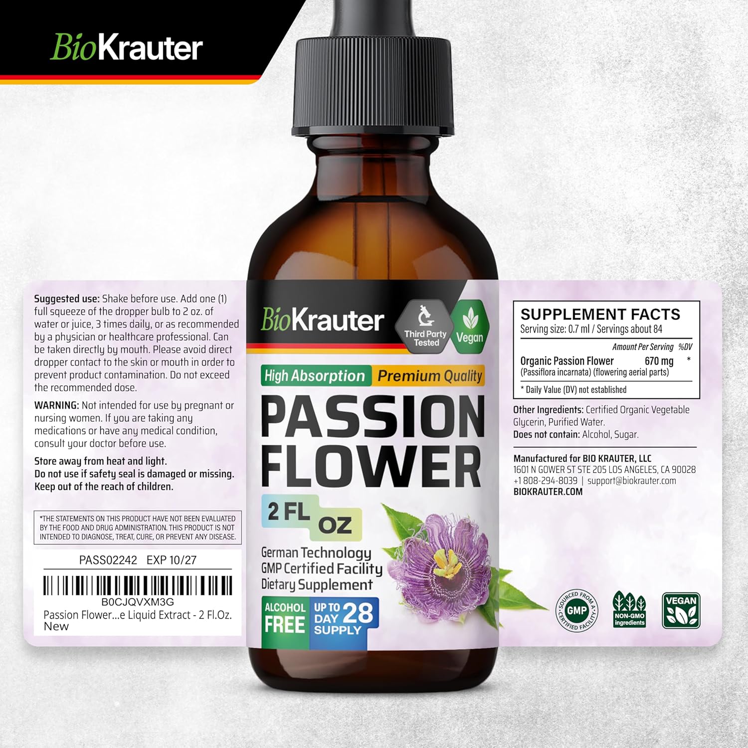 BIO KRAUTER® Passion Flower for Stress Relief - Calm & Mood Support - Pure Vegan Liquid Drops Passion Flower Extract 670 mg/Serving 2 Fl.Oz 28-Day Supply - Alcohol & Sugar Free - Natural Calm Drops - Image 8