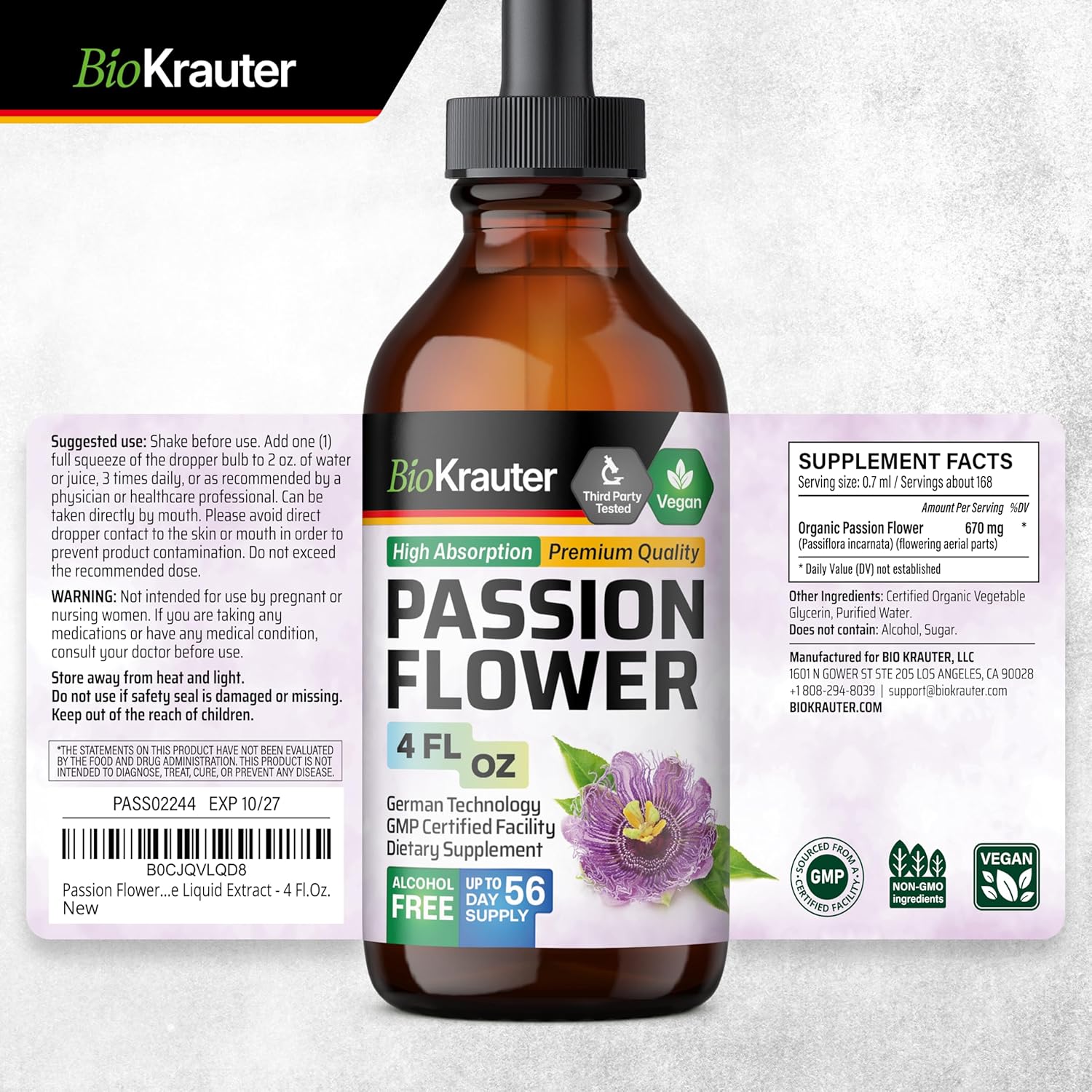 BIO KRAUTER® Passion Flower for Stress Relief - Calm & Mood Support - Pure Vegan Liquid Drops Passion Flower Extract 670 mg/Serving 4 Fl.Oz 56-Day Supply - Alcohol & Sugar Free - Natural Calm Drops - Image 8