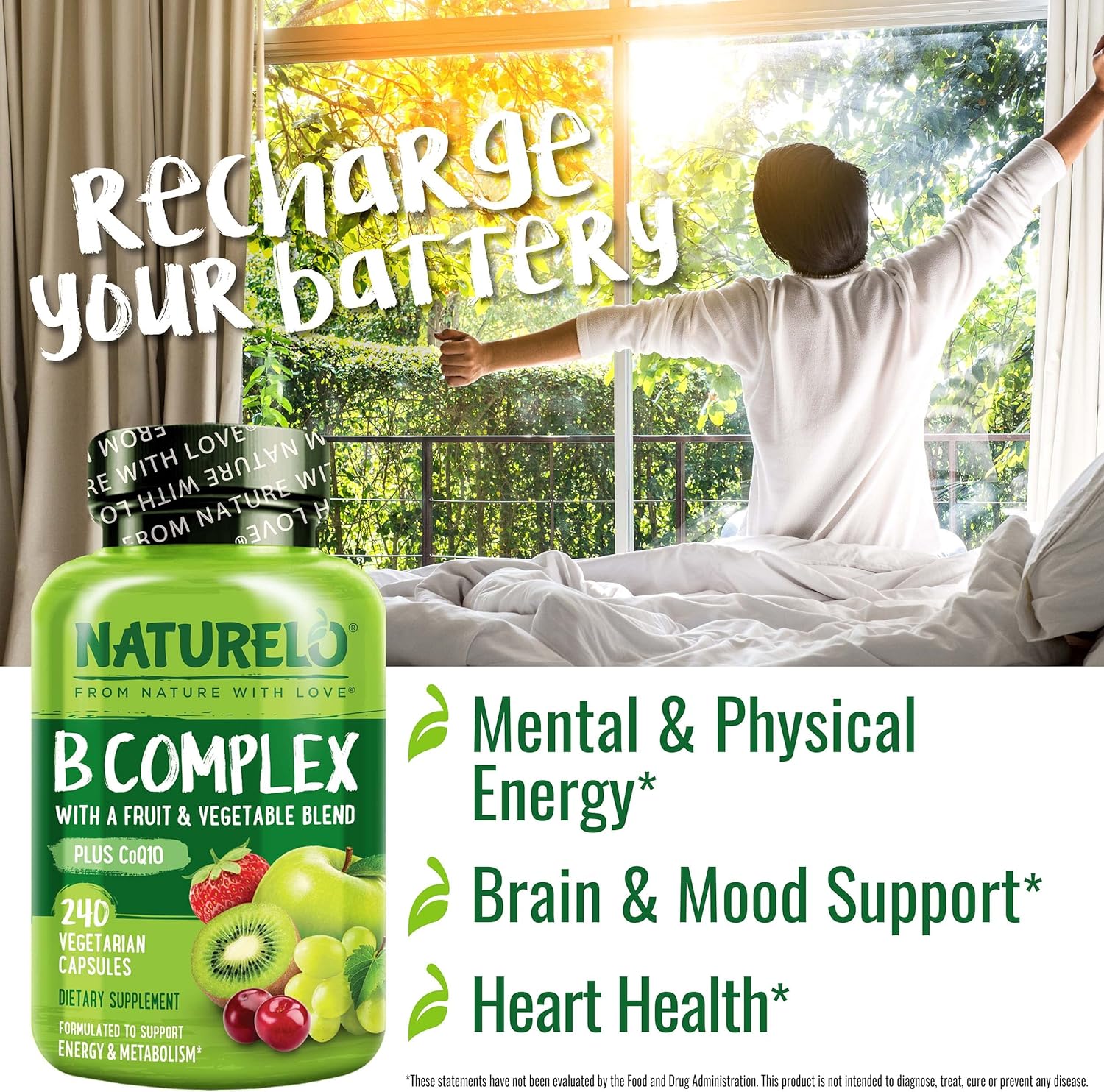 NATURELO Vitamin B Complex, 240 Capsules, Vegan, CoQ10, Methyl Folate, Biotin, Fruit & Veg Blend, Supports Energy and Healthy Stress Response, Super B Complex Vitamins for Women and Men - Image 2