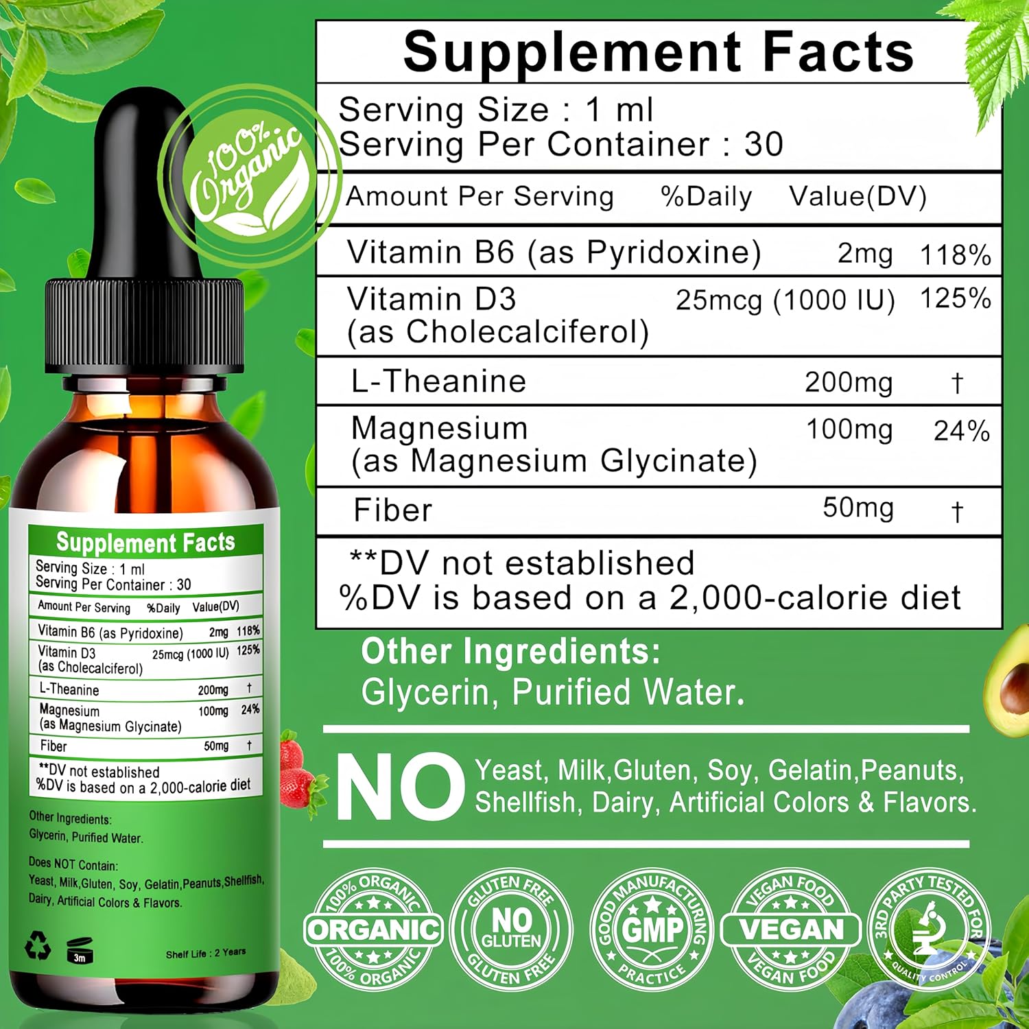 L Theanine Drops, Liquid L-Theanine Supplement 200mg w/Magnesium Glycinate,Vitamins,Fiber for Relaxation,Sleep,Digestion, Calm,High Absorption Mood Support for Adults & Kids,Plant Based,Non-GMO - Image 7