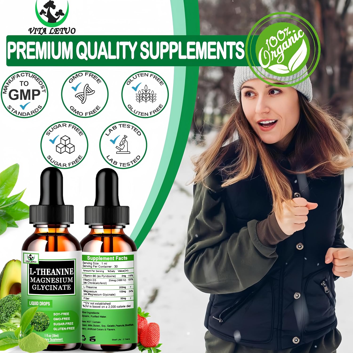 L Theanine Drops, Liquid L-Theanine Supplement 200mg w/Magnesium Glycinate,Vitamins,Fiber for Relaxation,Sleep,Digestion, Calm,High Absorption Mood Support for Adults & Kids,Plant Based,Non-GMO - Image 5