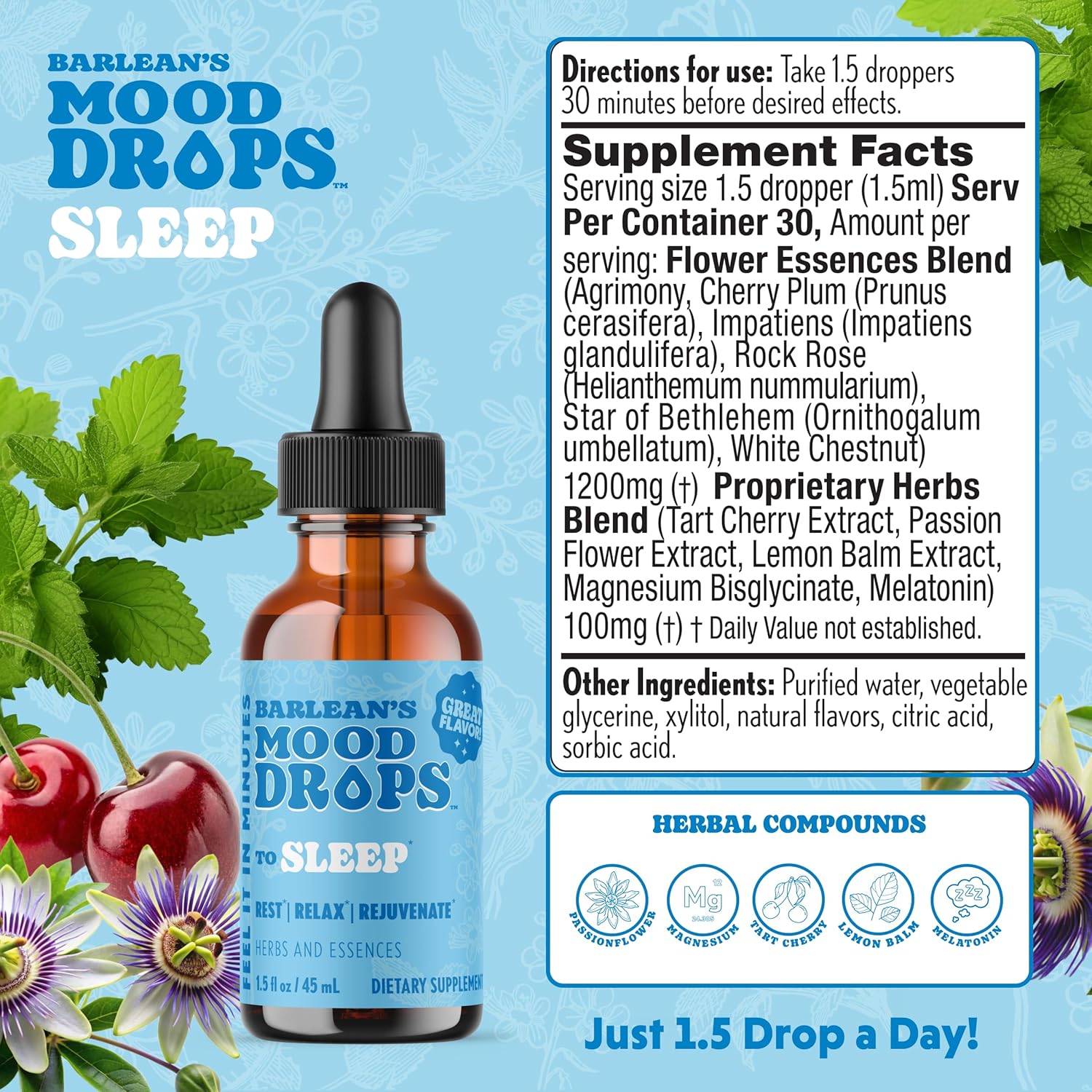 Barlean's Mood Booster Supplement, Sleep Liquid Drop Supplement for Men and Women, Magnesium and Melatonin, Adaptogen Herbs Drops, 1.5 oz - Image 2